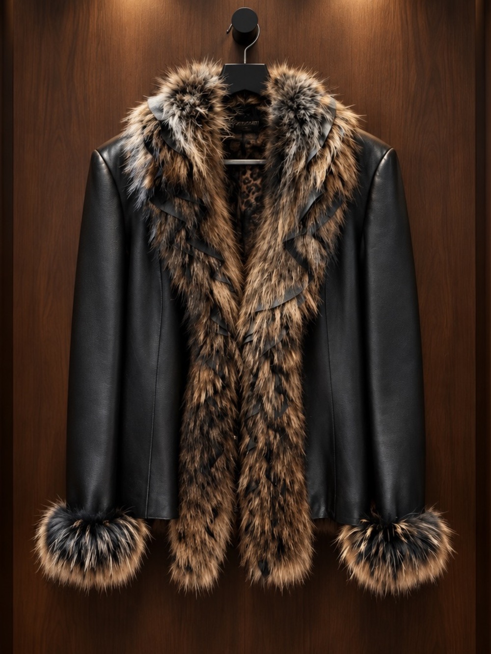 Black Leather Jacket with Brown fox Fur Trim